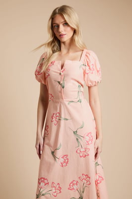 Floral Button Detail Puff Sleeve Midi Dress