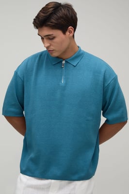 Oversized Boxy 1/4 Zip Cotton Blend Knitted Polo
