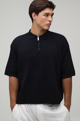 Oversized Boxy 1/4 Zip Cotton Blend Knitted Polo