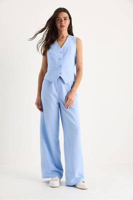 V-hals Vest en Wijde Pantalon Twee-delige Coord Set