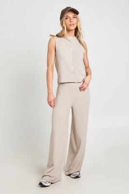Petite Crinkle Rib Button Through Sleeveless Top and Trouser Set