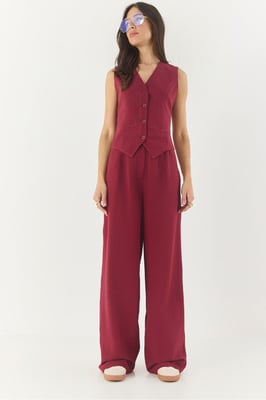V-hals Vest en Wijde Pantalon Twee-delige Coord Set