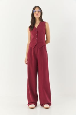 V-hals Vest en Wijde Pantalon Twee-delige Coord Set