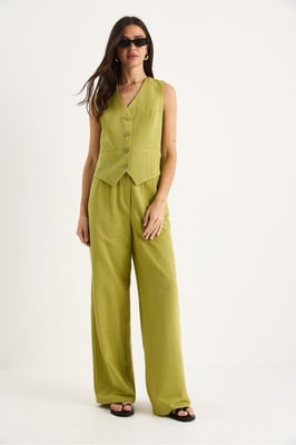 V-hals Vest en Wijde Pantalon Twee-delige Coord Set