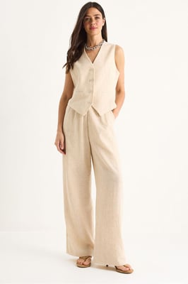 V-hals Vest en Wijde Pantalon Twee-delige Coord Set