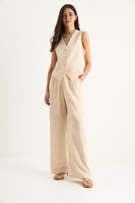 V-hals Vest en Wijde Pantalon Twee-delige Coord Set