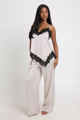 Polka Dot Satin Lace Trim Asymmetric Hem Cami & Trouser Pyjama Set