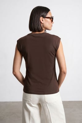 Dames Mouwloze Katoenen T-shirt met Ronde Hals en Strikdetail