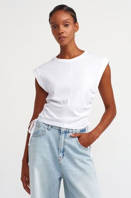 Dames Mouwloze Katoenen T-shirt met Crew Neck en Strikdetail