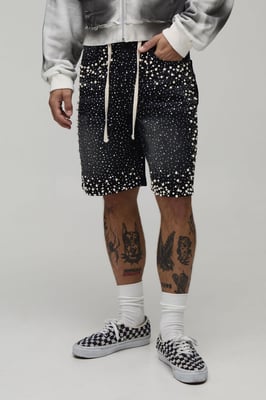 Relaxed Rhinestone Extended Drawcord Denim Shorts