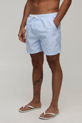 Seersucker Striped Mid Length Swim Shorts