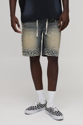 Relaxed Rhinestone Extended Drawcord Denim Shorts
