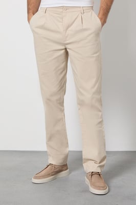 Beige Pleat Front Straight Fit Chino Trousers