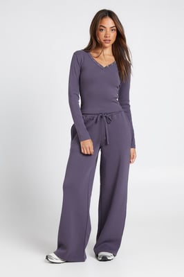 Button Detail Long Sleeve Top And Straight Leg Jogger Tracksuit