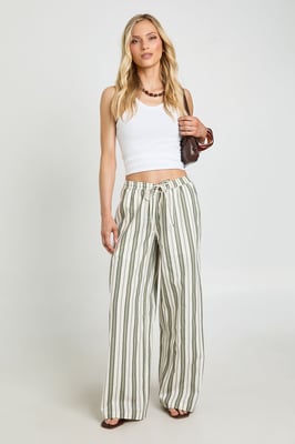 Petite Premium Linen Stripe Wide Leg Trousers