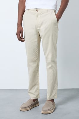 Stone Cotton Linen Slim Fit Trousers
