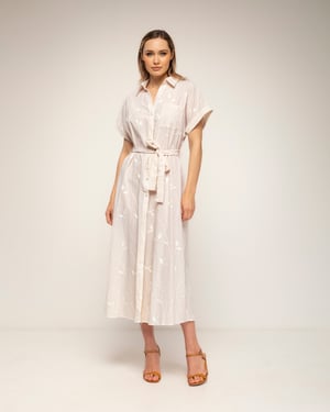 Gestreepte midi-blousejurk met borduursels en een riem