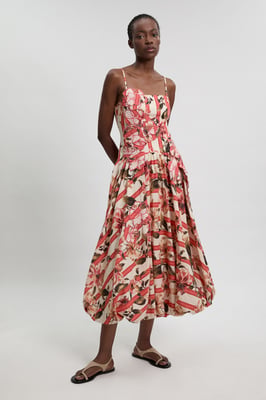 Cotton Linen Printed 3D Floral Bubble Hem Midi Dress