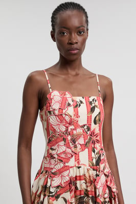Cotton Linen Printed 3D Floral Bubble Hem Midi Dress