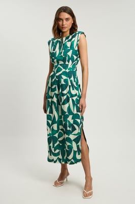 Viscose linen geo print woven pintuck midi dress