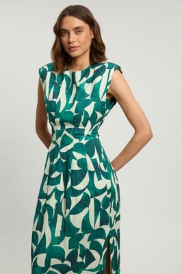 Viscose linen geo print woven pintuck midi dress