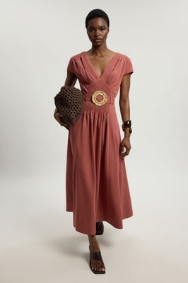 Petite Shirred V Neck Belt Detail Woven Maxi Dress