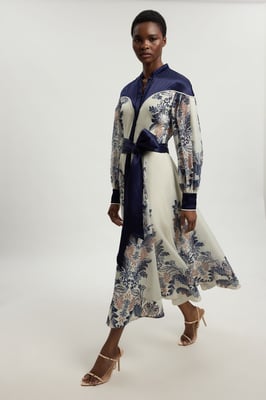Scarf Print Organdie And Satin Mix Maxi Dress