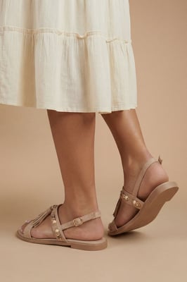 Tabi Faux Sued Tassel Trim Flat Sandals