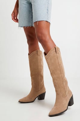 Wide Fit Knee High Heeled Faux Suede Western Cowboy Boots