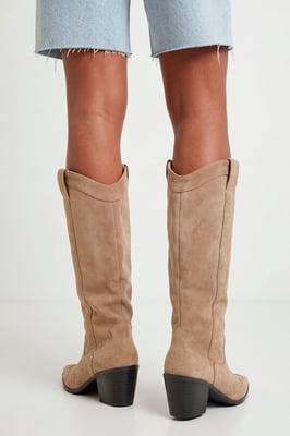 Wide Fit Knee High Heeled Faux Suede Western Cowboy Boots