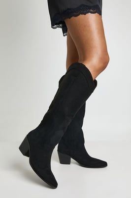 Wide Fit Knee High Heeled Faux Suede Western Cowboy Boots