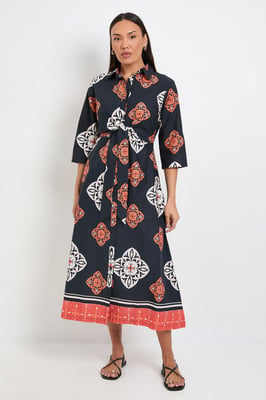 Tile Print Tie Front Midi Shirt Dress