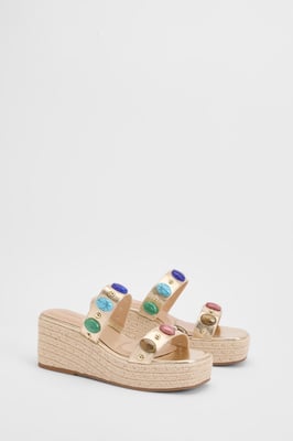 Bead Detail Double Strap Espadrille Wedges
