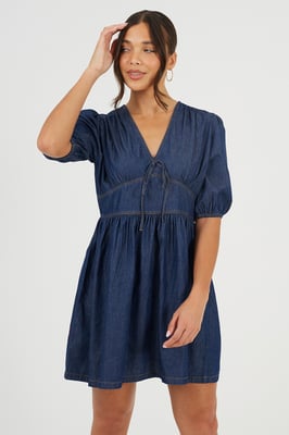 Indigo Chambray Short Puff Sleeve Mini Dress