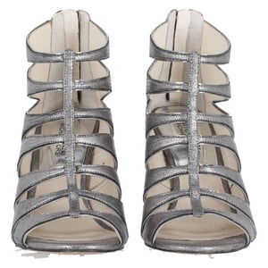 Michael Kors Mavis Open Toe Snake-Print Heels in Silver Leather