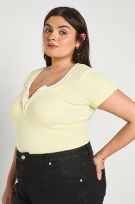 Plus Ribbed Contrast Henley Button Short Sleeve Top