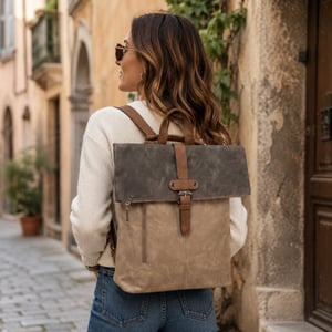 Roll-Top Backpack, Anti-Theft Travel Bag with Luggage Strap in Khaki