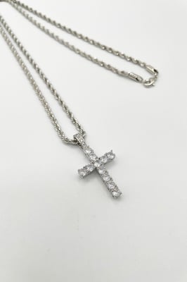 Diamante Cross Pendant Necklace in Silver