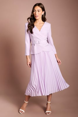 Crepe Bodice Long Sleeve Pleated Midi Dress