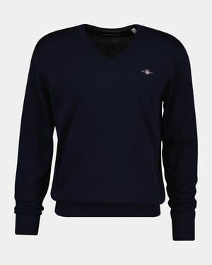 Regular Fit Long Sleeve V-Neck Jumper in Dark Blue