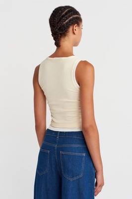 Katoenen Geribbelde Mouwloze Knop Blouse