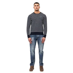 Marshall Artist Heren Gestreepte Ribgebreide Sweater Top (Marine)