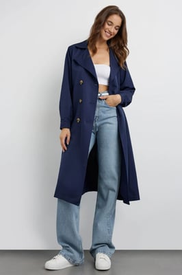 Double-Breasted Belted Long Trench Coat