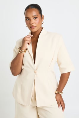 Plus Oversized Short Sleeve Trim Button Chinched Blazer