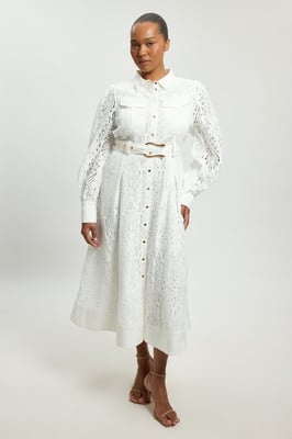 Plus Size Cotton Cutwork Woven Shirt Midi Dress