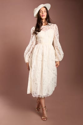 Lisa Tan Sleeve Embroidered Organza Midi Dress