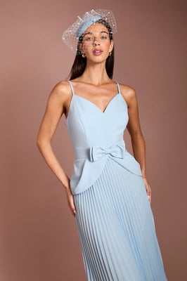 Lisa Tan Bow Detail Crepe Bodice Pleated Midi Dress