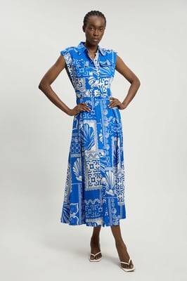 Premium Viscose Linen Print Belted Woven Midi Dress