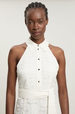 Cutwork Cotton Halterneck Tie Detail Woven Midi Dress