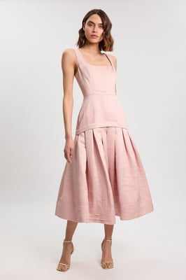 Textured Tailored Twill Full Skirt Midi Dress